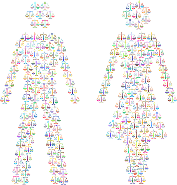 Silueta de dos personas, un hombre y una mujer, compuestos por balanzas