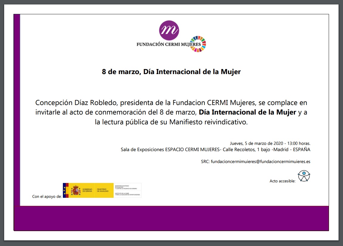Invitación a la lectura del manifiesto reivindicativo del Día Internacional de la Mujer