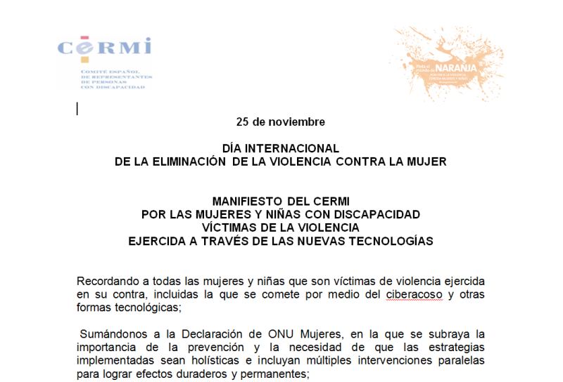 Detalle del Manifiesto del CERMI por las mujeres y niñas con discapacidad víctimas de la violencia ejercida a través de las nuevas tecnologías
