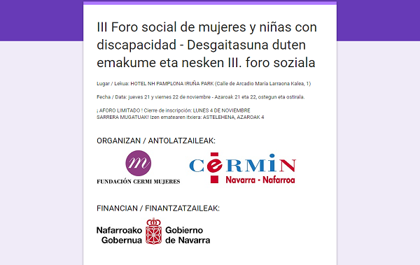 Detalle de la inscripción al "III Foro social de mujeres y niñas con discapacidad” de Pamplona organizado por FCM y CERMIN "