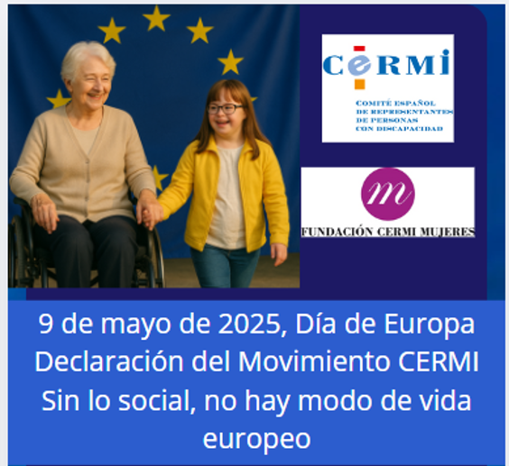 Infografía del Día de Europa. Código QR. Imagen de 2 mujeres con discapacidad. Logotipo de CERMI y FCM.