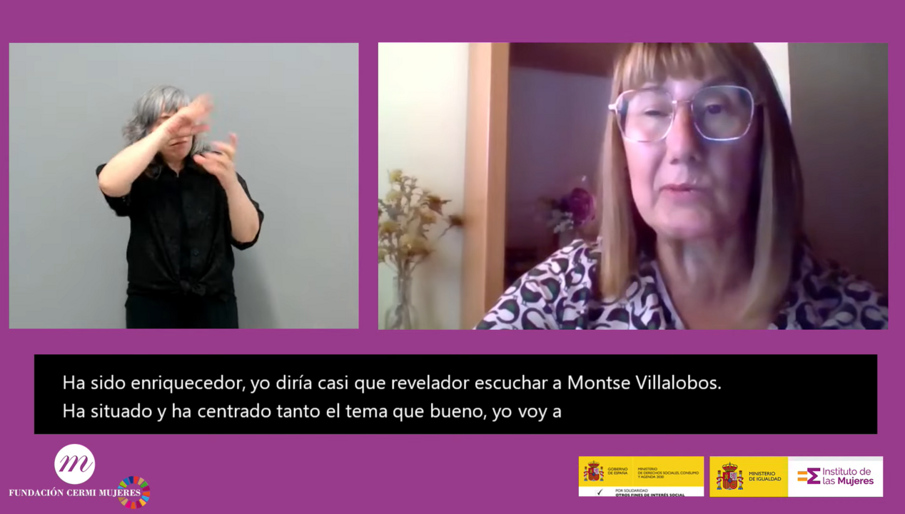 Imagen de Elena en el XV Encuentro del Observatorio de FCM. Aparece la ILSE y logotipos de FCM, Instituto de las Mujeres y Agenda 2030.