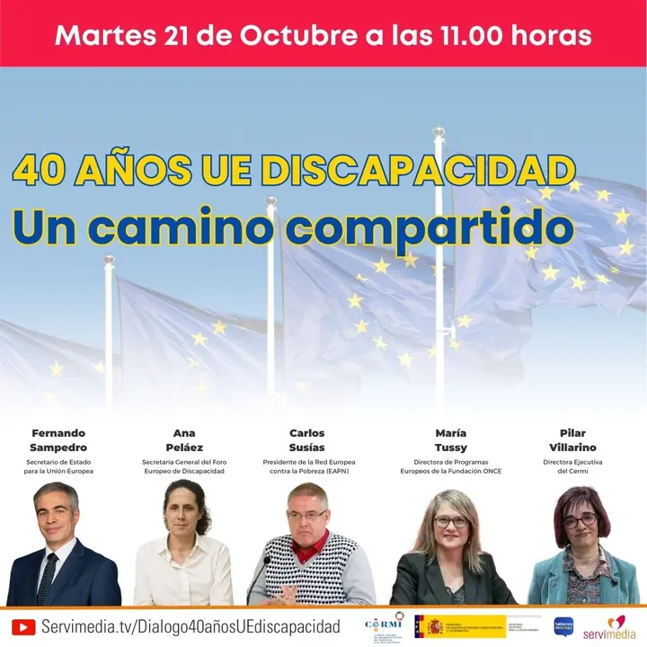 Infografía de diálogo en referencia a los 40 años UE Discapacidad. aparecen (de izquierda a derecha): Fernando Sampedro, Ana Peláez, Carlos Susías, María Tussy y Pilar Villarino