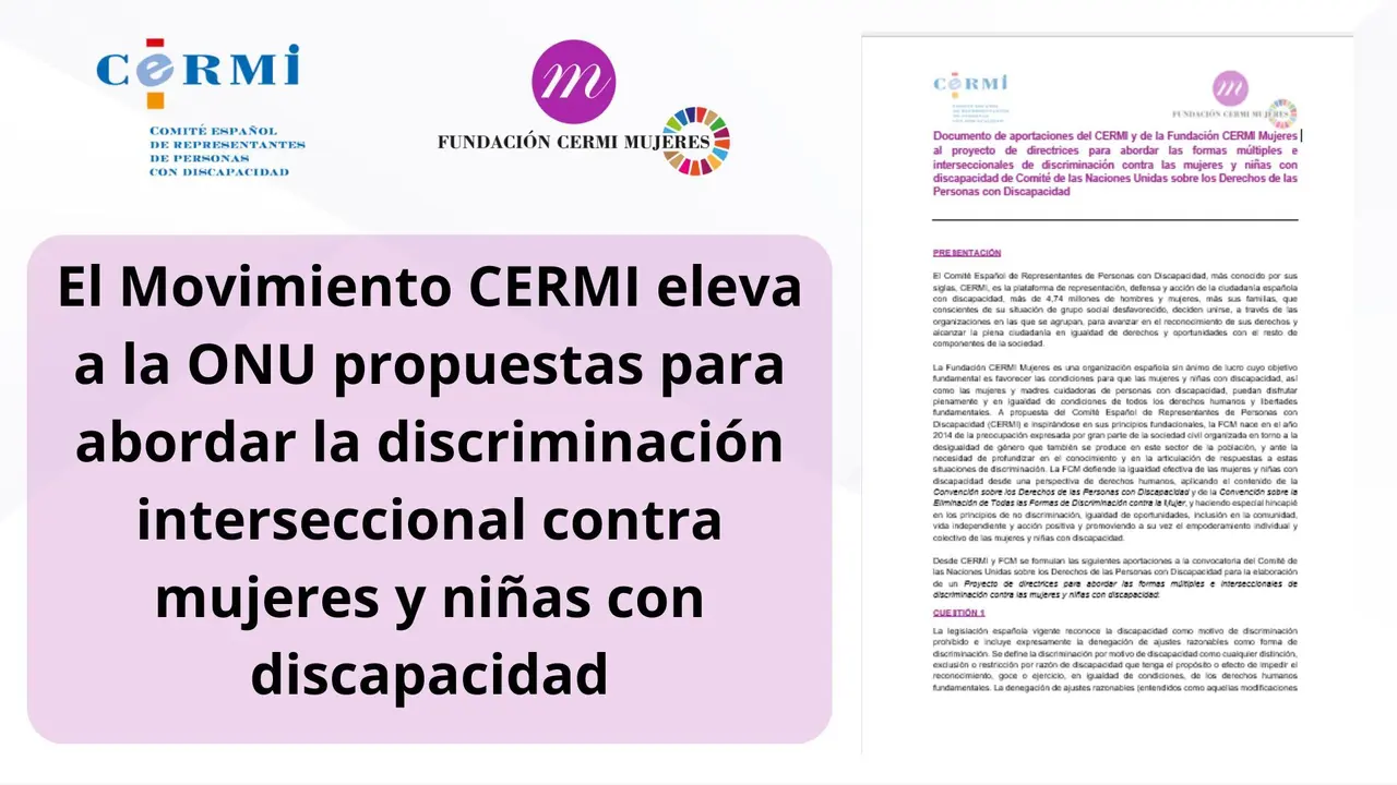 Infografía. Logotipo del CERMI y Fundación CERMI Mujeres. Título de noticia. Imagen de la portada del documento.