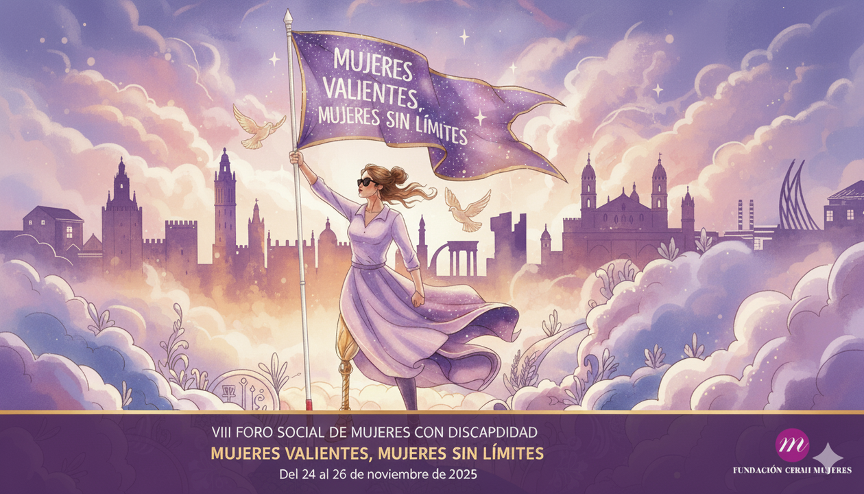 Imagen de IA en la que se ve una mujer con pierna protésica y visible sosteniendo el cartel de "Mujeres valientes, mujeres sin límites"