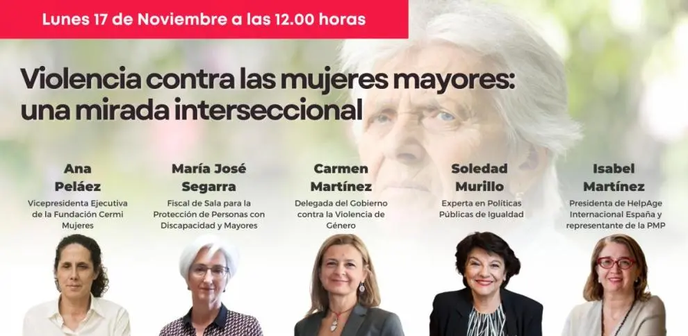 Infografía del diálogo "Violencia contra las mujeres mayores". Aparecen (de izda a dcha) Ana Peláez, María José Segarra, Carmen Martínez, Soledad Murillo, Isabel Martínez