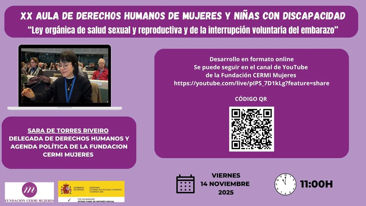 Infografía Aula DDHH 14 noviembre. Aparece Sara De Torres y aparecen logotipos de FCM, Agenda 2030. Aparece un código QR