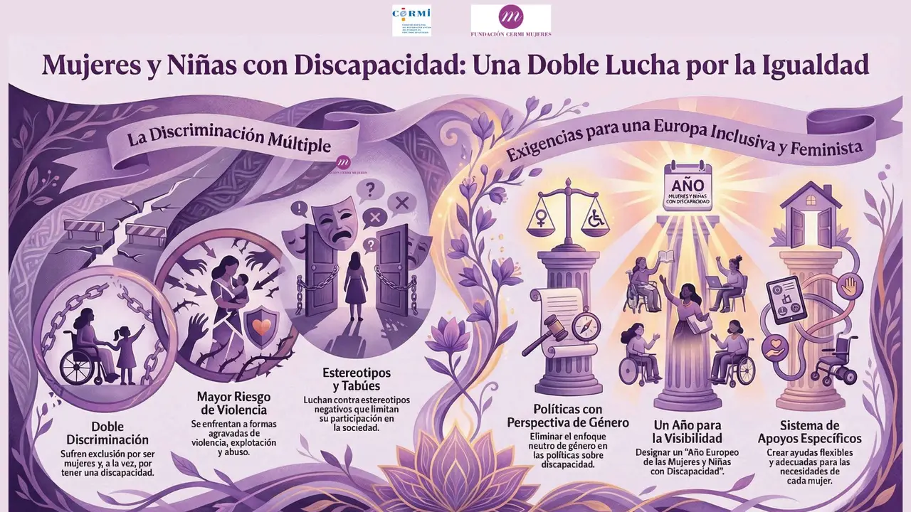 Infografía del manifiesto de mujeres y niñas con Discapacidad: Una doble lucha por la igualdad. Aparecen los logotipos de CERMI y FCM