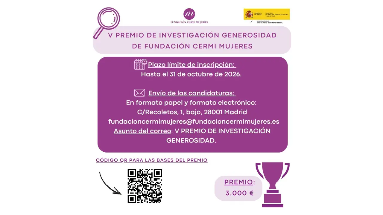 Infograf&iacute;a de la V edici&oacute;n del Premio de Investigaci&oacute;n Generosidad 2026. Aparecen los logotipos de FCM y Agenda 2030. Aparece el c&oacute;digo QR para las bases del premio.