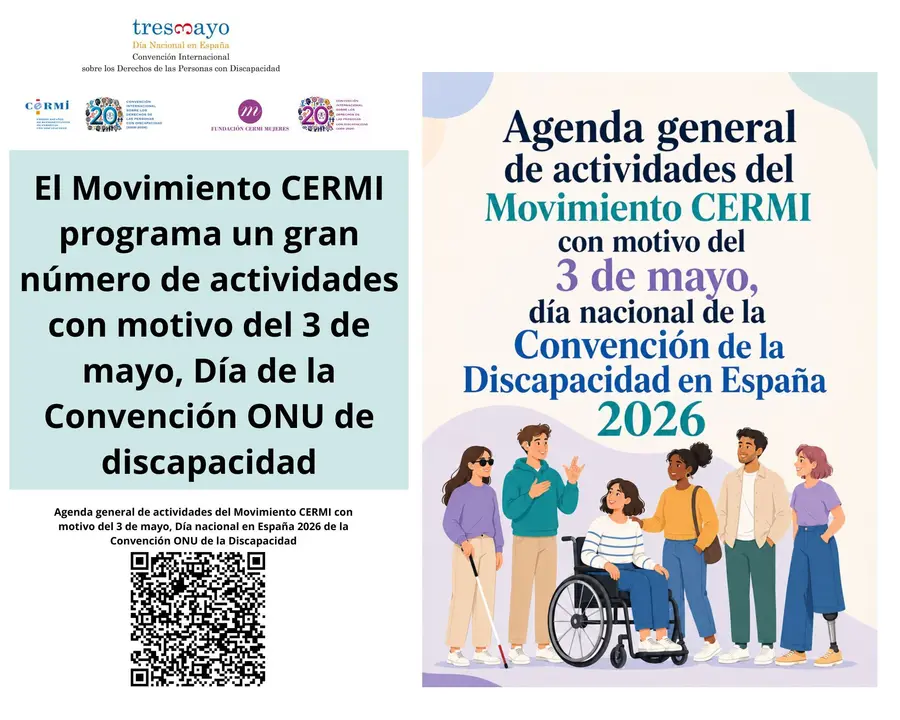 Infograf&iacute;a de las actividades de CERMI y FCM con motivo del 3 de mayo. Aparece los logotipos de CERMI y FCM 20 a&ntilde;os CRPD. Aparece el c&oacute;digo QR.