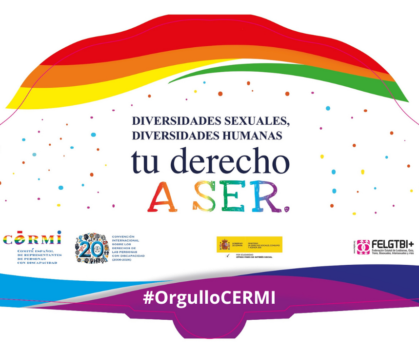 Cartel del I Congreso Estatal de Personas con Discapacidad LGTBI+ del CERMI. Sobre fondo claro aparece una gran franja ondulada con los colores de la bandera arco&iacute;ris en la parte superior y formas curvas en tonos morados y azules en la parte inferior. En el centro se lee el lema: &ldquo;Diversidades sexuales, diversidades humanas, tu derecho a ser&rdquo;, destacando la frase &ldquo;A SER&rdquo; en letras multicolor. &nbsp;&ldquo;#OrgulloCERMI&rdquo;