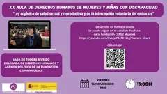 Infografía Aula DDHH 14 noviembre. Aparece Sara De Torres y aparecen logotipos de FCM, Agenda 2030. Aparece un código QR