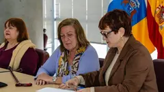 Imagen de la firma de la renovaci&oacute;n del protocolo de actuaci&oacute;n conjunta. Aparecen, de izq. a dcha., Sandra Santana, Carmen Laucirica y Candelaria Delgado.