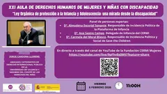 INFOGRAF&Iacute;A AULA DDHH. Aparece la imagen de Jorge Cardona. aparece el c&oacute;digo QR del evento. Aparecen los logotipos de FCM 20 aniversario de la CRPD y Agenda 2030