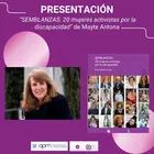 Infograf&iacute;a del acto de presentaci&oacute;n del libro de Mayte Antona. En la parte izquierda aparece la imagen de Mayte Antona, en la parte derecha aparece la cubierta de la publicaci&oacute;n.