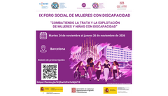 Infograf&iacute;a IX Foro Social Barcelona. Aparecen los loogtipos financiadores adem&aacute;s de logotipos de Fundacion CERMI Mujeres y CERMI y 20 a&ntilde;os CRPD. Aparece el c&oacute;digo QR y el enlace de inscripci&oacute;n