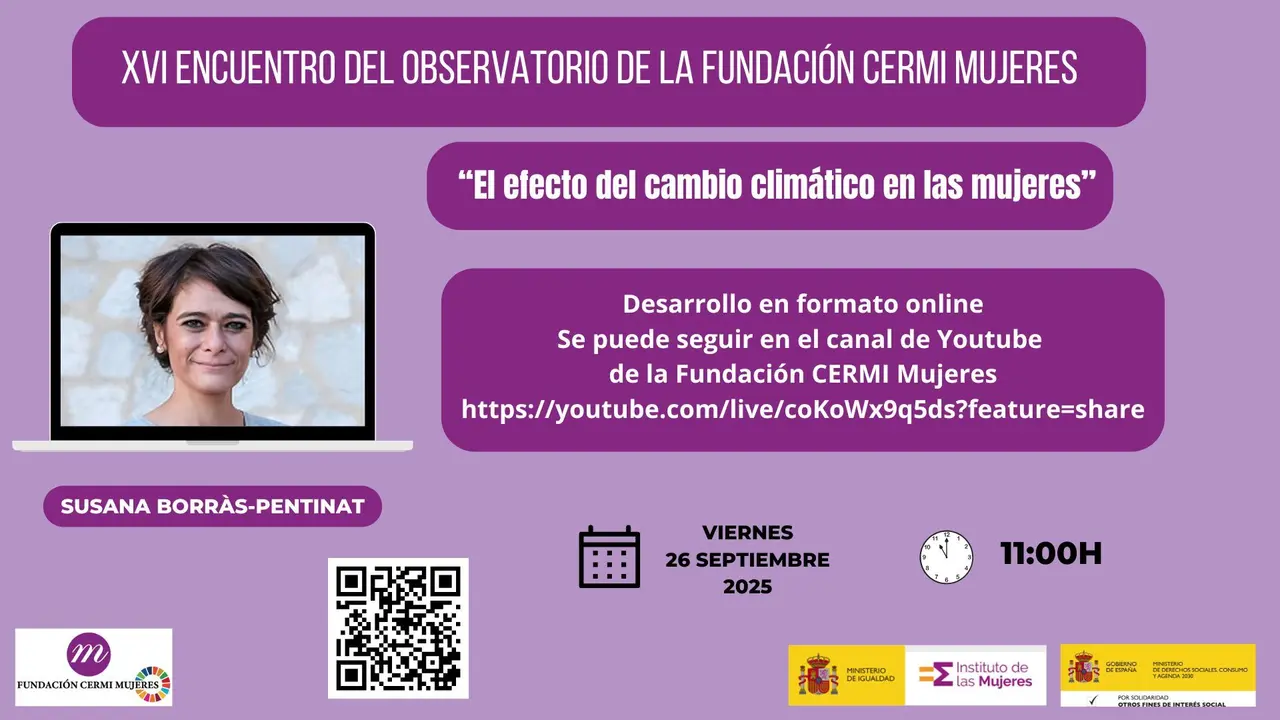 Infografía del XVI Encuentro del Observatorio de FCM. Aparece la imagen de susana Borràs-Pentinat. Logotipo de FCM, Instituto de las Mujeres y Agenda 2030. Código QR.