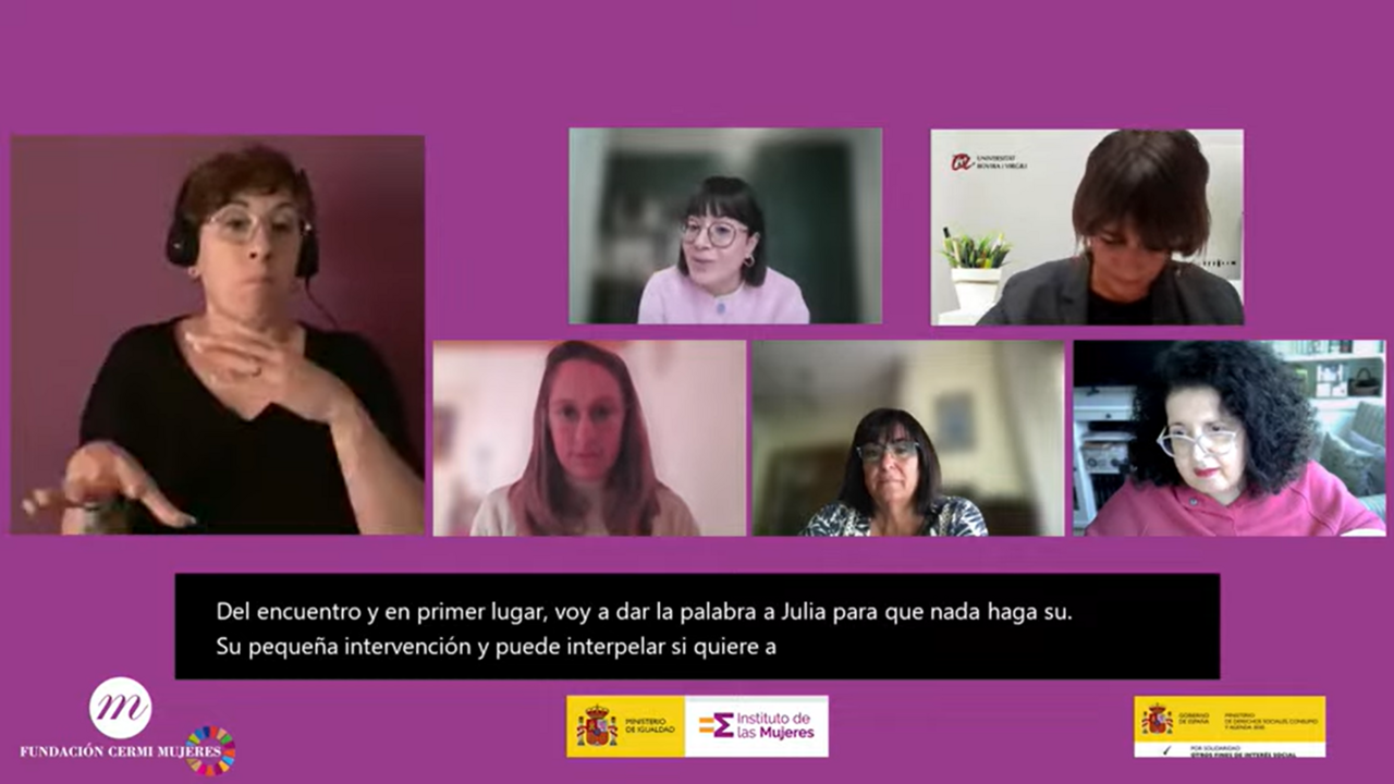 Imagen del XVI Encuentro del Observatorio de FCM. Aparece Susana Borràs-Pentinat, Sara De Torres, Giulia Traversi, Mayte Gallego y Noelia López. Aparece la ILSE. Logotipos de FCM, Instituto de las Mujeres y Agenda 2030.