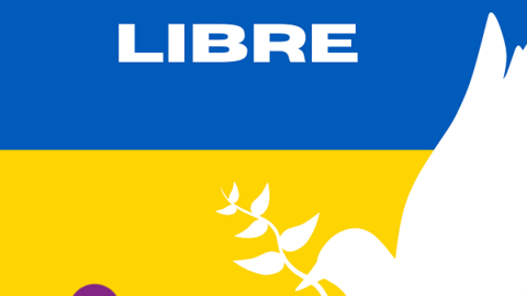 Imagen de bandera de Ucrania con una paloma y las letras: "Ucrania libre"""