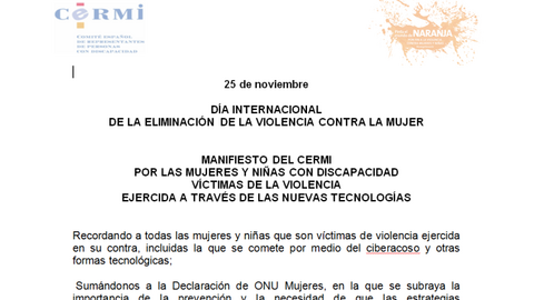 Detalle del Manifiesto del CERMI por las mujeres y niñas con discapacidad víctimas de la violencia ejercida a través de las nuevas tecnologías