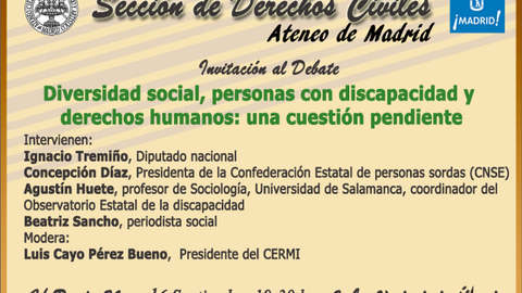 Imagen de la invitación al Ateneo para el debata: 'Diversidad, derechos humanos y personas con discapacidad: una cuestión pendiente'
