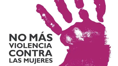 Mano morada en posición de parar junto al texto: "No más violencia contra las mujeres"""