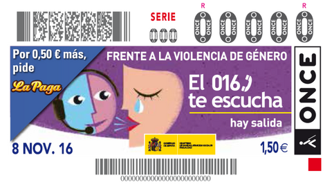 Cupón de la ONCE del 8 de noviembre dedicado al servicio telefónico 016 