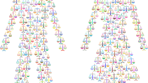 Silueta de dos personas, un hombre y una mujer, compuestos por balanzas