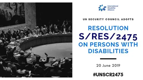 Fotomontaje del Consejo de Seguridad de la ONU sobre una resolución sobre la situación de las personas con discapacidad en los conflictos armados y crisis humanitarias