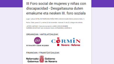 Detalle de la inscripción al "III Foro social de mujeres y niñas con discapacidad” de Pamplona organizado por FCM y CERMIN "