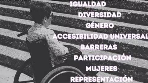 Imagen de una mujer usuaria silla ruedas mirando de fondo unas escaleras. A la derecha aparece unas palabras sueltas como igualdad diversidad género, accesibilidad, barreras, participación Mujeres representación...