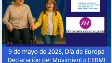 Infografía del Día de Europa. Código QR. Imagen de 2 mujeres con discapacidad. Logotipo de CERMI y FCM.
