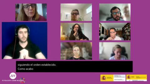 Imagen del Conversatorio: Maite Andona, Laura Seara, Alejandro, Ana Peláez, Miguel Lorente, Amalia, Carmen Comas-Matas