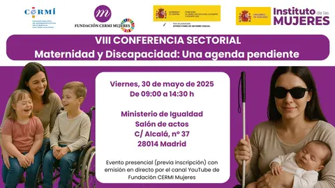 Infografía Conferencia Sectorial 30 de mayo 2025. Logotipo CERMI, FCM, Instituto de las Mujeres, Agenda 2030