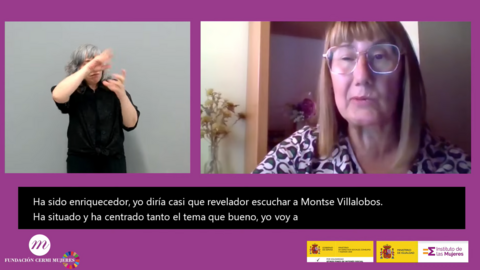 Imagen de Elena en el XV Encuentro del Observatorio de FCM. Aparece la ILSE y logotipos de FCM, Instituto de las Mujeres y Agenda 2030.