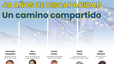 Infografía de diálogo en referencia a los 40 años UE Discapacidad. aparecen (de izquierda a derecha): Fernando Sampedro, Ana Peláez, Carlos Susías, María Tussy y Pilar Villarino
