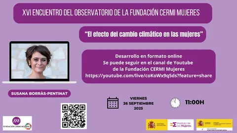 Infografía del XVI Encuentro del Observatorio de FCM. Aparece la imagen de susana Borràs-Pentinat. Logotipo de FCM, Instituto de las Mujeres y Agenda 2030. Código QR.