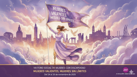 Imagen de IA en la que se ve una mujer con pierna protésica y visible sosteniendo el cartel de "Mujeres valientes, mujeres sin límites"