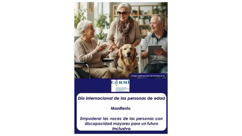 Infografía de IA para el Día Internacional de las Personas Mayores. aparecen 3 personas mayores, una de ellas en silla de ruedas. Aparece el logotipo de CERMI.