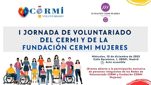 Infografía de la I Jornada de Voluntariado de CERMI y FCM. Aparece el logotipo de CERMI Voluntariado y FCM Voluntariado. Aparece un dibujo con multitud de personas, algunas con discapacidad