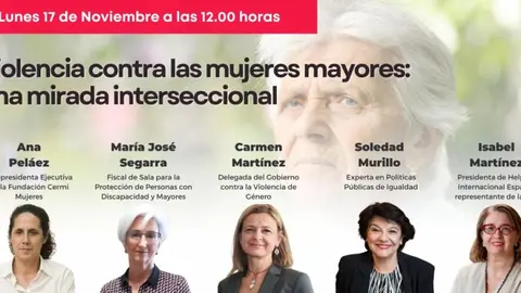 Infografía del diálogo "Violencia contra las mujeres mayores". Aparecen (de izda a dcha) Ana Peláez, María José Segarra, Carmen Martínez, Soledad Murillo, Isabel Martínez