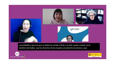 Imagen de las ponentes principales del XX Aula de DDHH. Aparece la ILSE y la subtitulación. Aparece los logotipos de FCM y Agenda 2030.