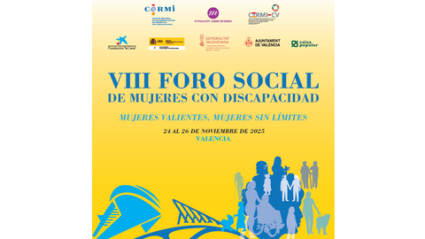 Infografía del VIII Foro Social. Aparecen los logotipos de los financiadores. Aparece un skyline de Valencia.