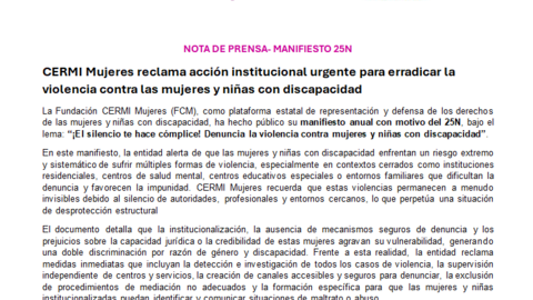 Imagen de la nota de prensa. Aparece el logotipo de Fundación CERMI Mujeres y CERMI