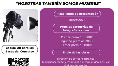 Infograf&iacute;a del XI Concurso de Fotograf&iacute;a y VII Concurso de Video Generosidad 2026. Aparecen los logotipos de Fundaci&oacute;n CERMI Mujeres, Fundaci&oacute;n ONCE y Agenda 2030. Aparece el c&oacute;digo QR para las bases del Concurso.