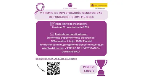Infograf&iacute;a de la V edici&oacute;n del Premio de Investigaci&oacute;n Generosidad 2026. Aparecen los logotipos de FCM y Agenda 2030. Aparece el c&oacute;digo QR para las bases del premio.