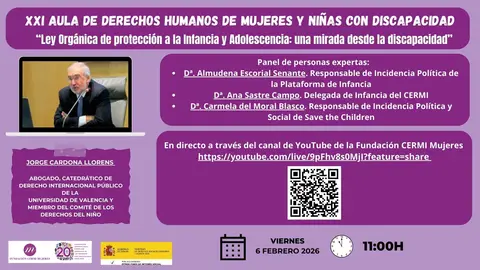 INFOGRAF&Iacute;A AULA DDHH. Aparece la imagen de Jorge Cardona. aparece el c&oacute;digo QR del evento. Aparecen los logotipos de FCM 20 aniversario de la CRPD y Agenda 2030
