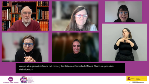 Imagen de los ponentes: Carmela del Moral, Jorge Cardona, Almudena Escorial, Sara De Torres y Ana Sastre. Aparece la ILSE y los logotipos de FCM y Agenda 2030