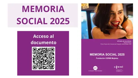 Infograf&iacute;a de la memoria social 2025. A la izquierda aparece el c&oacute;digo QR que lleva al documento. A la derecha aparece la fotograf&iacute;a ganadora en el X Concurso de Fotograf&iacute;a 2025 y los logotipos FCM y CERMI