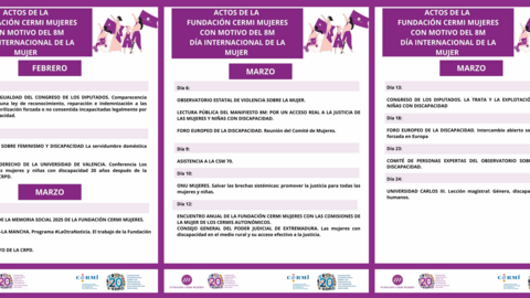 Infograf&iacute;a de las actividades de FCM con motivo del 8M. Aparecen los logotipos de FCM, CERMI y 20 a&ntilde;os CRPD